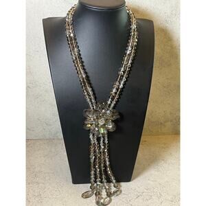 Vintage Joan Rivers Smokey Gray Crystal Flower statement necklace tassel drop